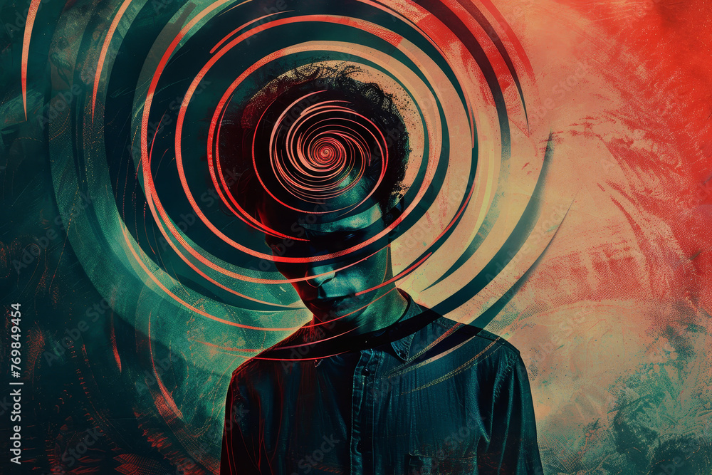 Poster an abstract image of a person with a headache, their head surrounded by a series of spirals. the spi