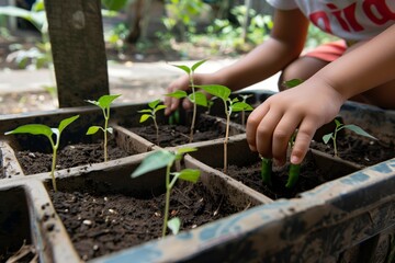 child learning to plant chili seedlings