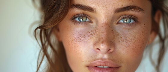 Stunning model with brown hair touching her own face with Clean Fresh Skin, beauty treatment and spa concept. - obrazy, fototapety, plakaty