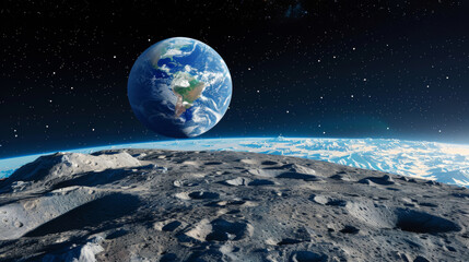 A blue and white planet with a large moon in the background. The planet is surrounded by a rocky...