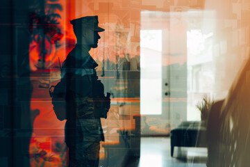 An abstract image of a soldier standing in their home, their family photos visible in the background. - obrazy, fototapety, plakaty
