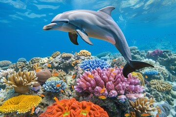 dolphin leaping near a brightly colored coral reef