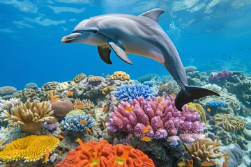 Fototapeten dolphin leaping near a brightly colored coral reef © primopiano