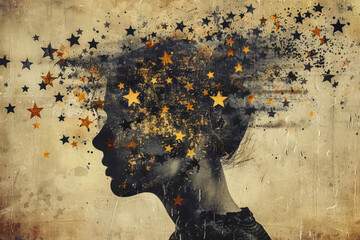 An abstract image of a person with a headache, their head surrounded by a series of stars. The stars symbolize the disorienting effect of a severe headache
