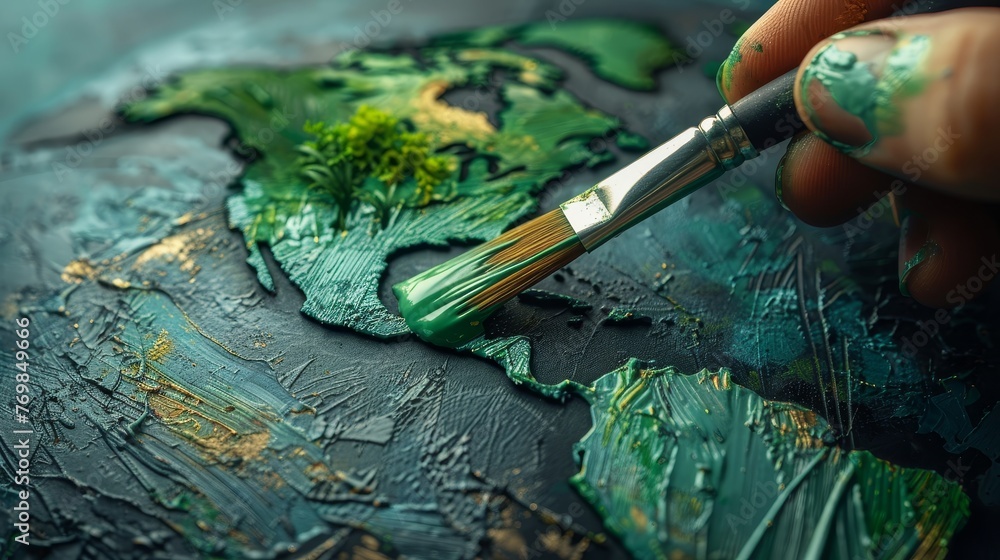 Poster hand with green paint encircles globe. protect the planet. save the planet. environment and ecology.