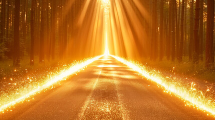 A road with a bright yellow sun shining on it. The sun is shining through the trees and creating a...