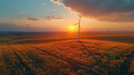 Windmill in field at evening, with beautiful clouds and sunset, located outside the city. - obrazy, fototapety, plakaty