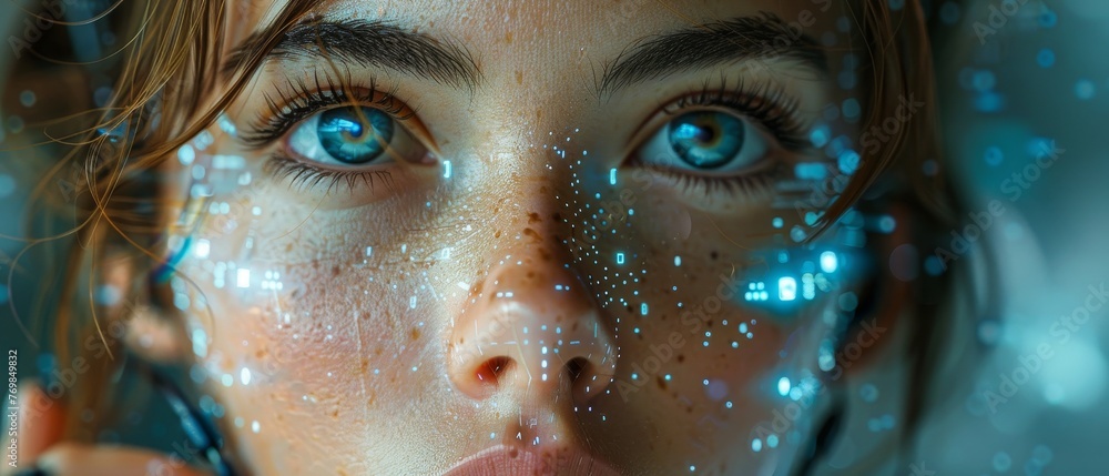 Poster female cyborg robot, with a beautiful face and a robotic hand, working on 3d holographic interface. 