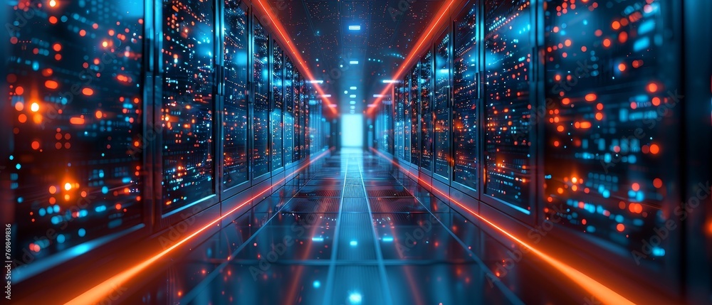 Poster Data center portal door with digital signals. Future computer technology concept of virtual gate in cyberspace. Fantasy door in data center. Tech banner.