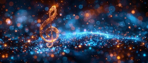 Three-dimensional abstract digital clef treble on blue background accompanied by stars. Symbols of music school, clef signs, treble notes, poster art, and song staffs.