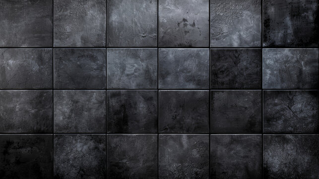 A black and white photo of a wall with black tiles. The wall is empty and the tiles are all the same size