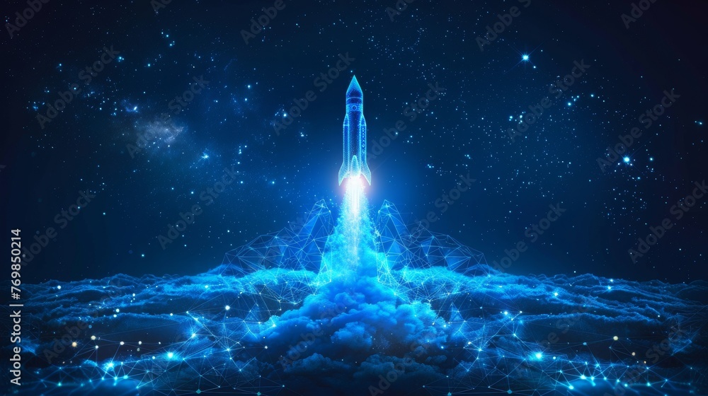 Leinwandbilder Blue glowing light bulb rocket launch. Low poly style design. Abstract geometric background. Wireframe light connection structure. Modern 3D graphic concept. Isolated  illustration.