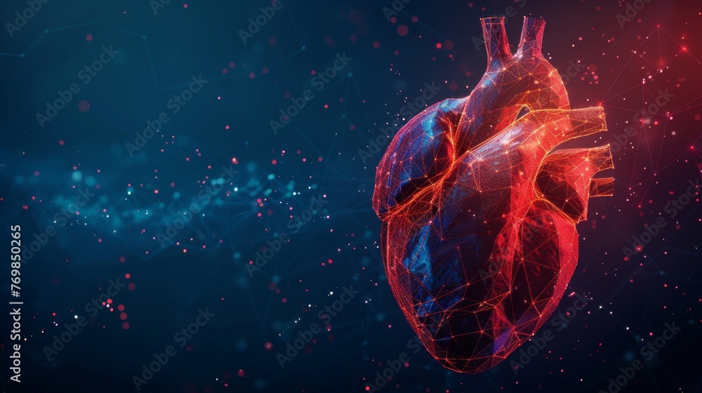 Poster A modern blue 3D graphic concept with a heart-shaped silhouette with a red cardio pulse line. A low poly style design on top of an abstract geometric background. A wireframe light connection