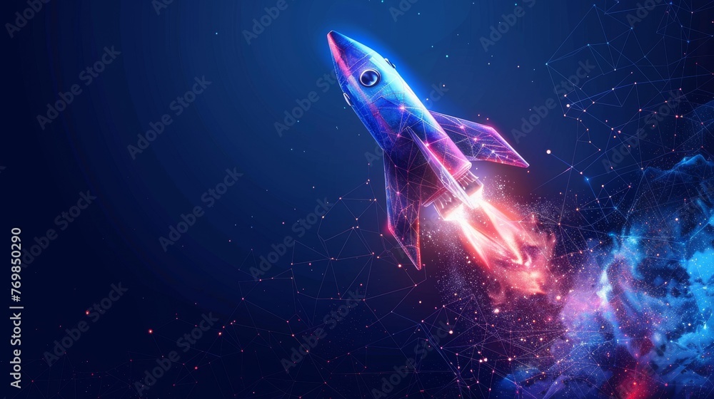 Aufkleber Isolated  illustration of an abstract rocket launch from a smartphone. Start up concept in low poly style design. Blue geometric background Wireframe light connection structure Modern 3D graphic