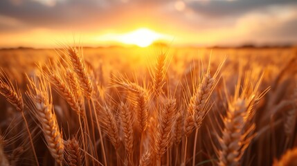 banner wide picture of beautiful close up barley ear against sunlight at evening or morning with yellow field as background, Generative Ai - obrazy, fototapety, plakaty