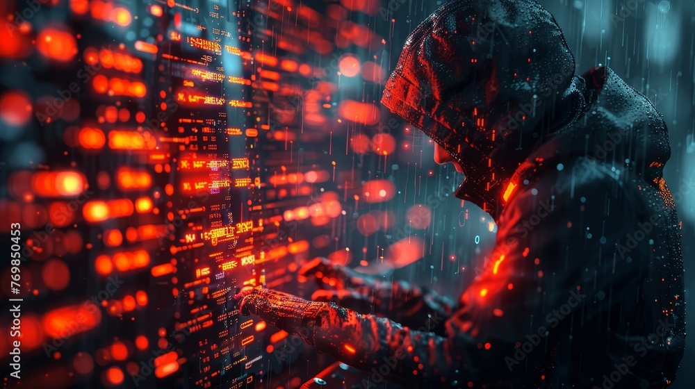 Fototapete Digital interface and dark digital background showing a hacker working on a code on the internet.