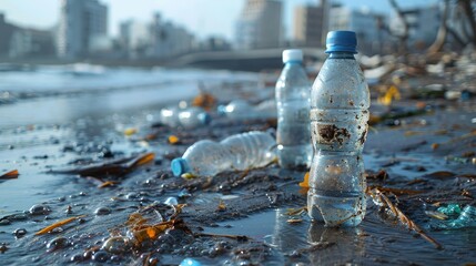 Ocean pollution caused by plastic water bottles (Environment concept) - obrazy, fototapety, plakaty