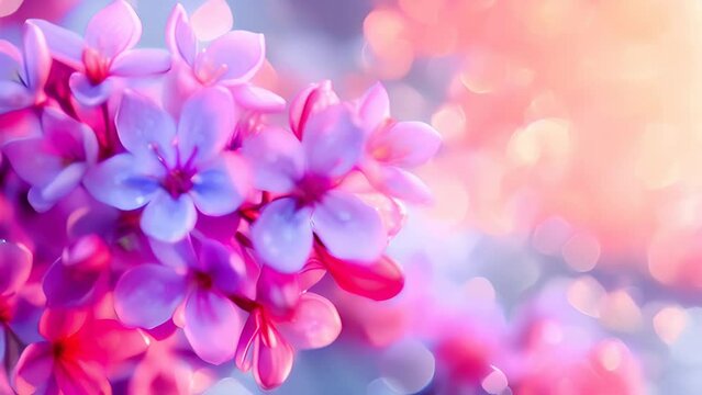 Spring flower footage with blossoming lilac branch on blurred evening sky background with bokeh effect. Springtime. Natural blossoming holiday background