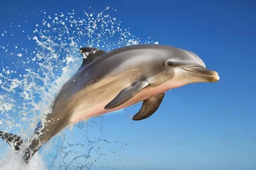Zelfklevend Fotobehang dolphin with splashing water trail against blue sky © primopiano