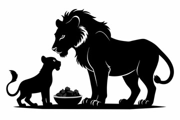 A Baby lion and heh mother  eating black silhouette on white background 