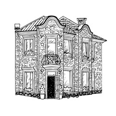 Old European house urban sketching. Cute vintage town house german architecture. Freehand storefront sketch. Hand-drawn ink line art. France travel vector illustration. Old Europe facade building.