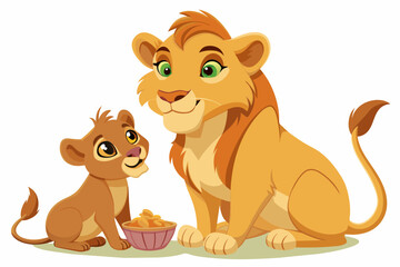 A Baby lion and heh mother  eating on white background 