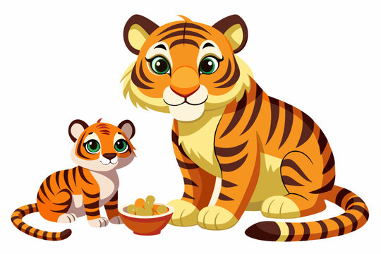 A baby tiger  and heh mother eating white background