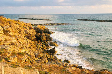 Beautiful sunset sky at beach in Paphos Cyprus showing Demetrios shipwreck and Venus beach 04 June...