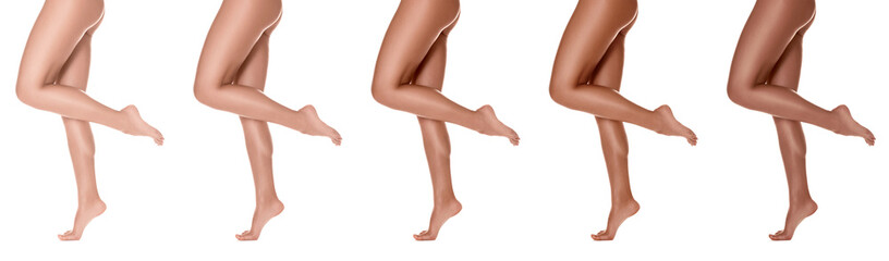 Woman with beautiful legs on white background, closeup. Collage of photos showing stages of...