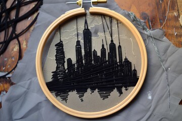 hoop with a city skyline being crafted in black thread - 769851434