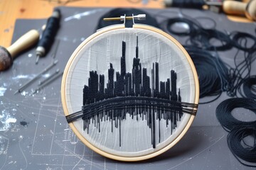 hoop with a city skyline being crafted in black thread - 769851461
