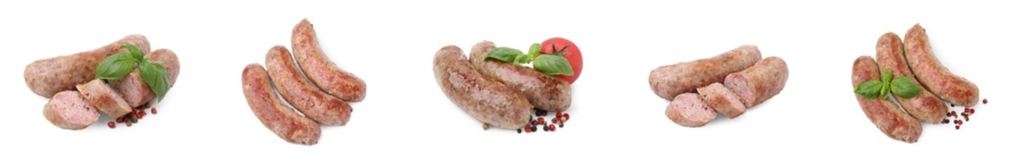 Tasty homemade sausages isolated on white, set