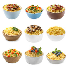 Tasty millet porridge in bowls isolated on white, set