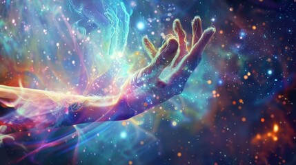 hand Mindfulness concept. Psychology colorfull abstract nebula