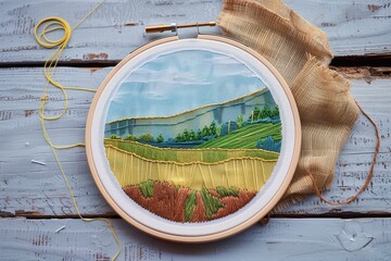 hoop with a halffinished landscape design and thread nearby