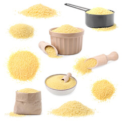 Raw dry couscous isolated on white, set