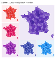 France map collection. Country shape with colored regions. Deep purple, red, pink, purple, indigo, blue color palettes. Border of France with provinces for your infographic. Vector illustration.