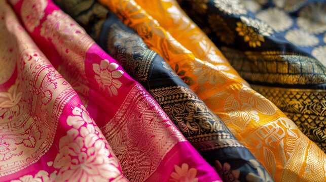 A vibrant display of traditional Indian sarees with intricate patterns, showcasing the diversity of Indian textile design