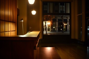 reception area, unlit desk, light from street lamp outside - 769852617