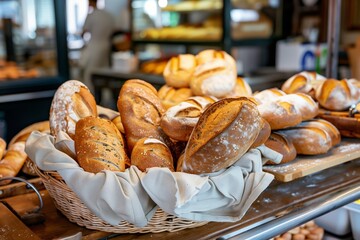 fabric basket full of assorted bread at a bakery counter - 769852683