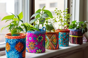 vibrant fabric baskets holding potted plants on a window sill - 769853017