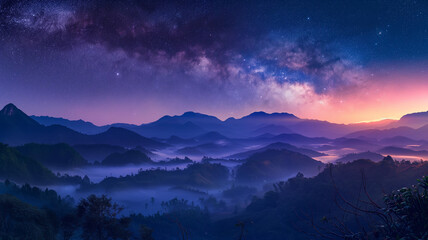 Milky Way arcs over undulating hills at twilight, where night's veil meets the first light of dawn.