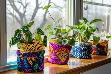 vibrant fabric baskets holding potted plants on a window sill - 769853057
