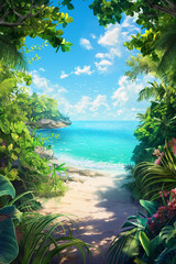 Fototapeta na wymiar A secluded beach cove framed by lush greenery and clear blue skies.