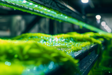 Close up of flowing algae in a controlled indoor farm, illuminated by LED grow lights that highlight the vibrant greens and yellows of the algae, showcasing advanced cultivation technology. Copy space