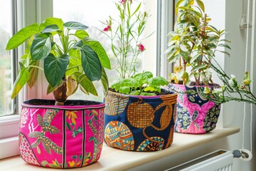 vibrant fabric baskets holding potted plants on a window sill - 769853204
