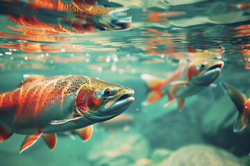 Underwater close up of salmon swimming in a clear water pen at a fish farm. Copy space for text