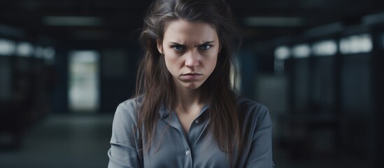 The woman is standing in the darkness, her arms crossed and an angry expression on her face. She is wearing formal wear with electric blue sleeves, adding a fun pop of color to the scene