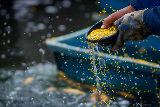 Fish farm worker feeding fish from a boat, the yellow pellets cascading down with fish surfacing to feed, the interaction between human and aquaculture,
