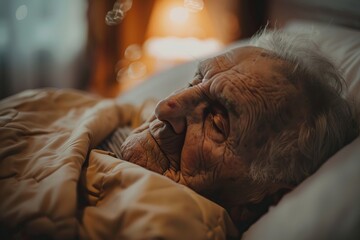 Elderly man in bed receiving care at hospice facility for long-term rehabilitation - obrazy, fototapety, plakaty